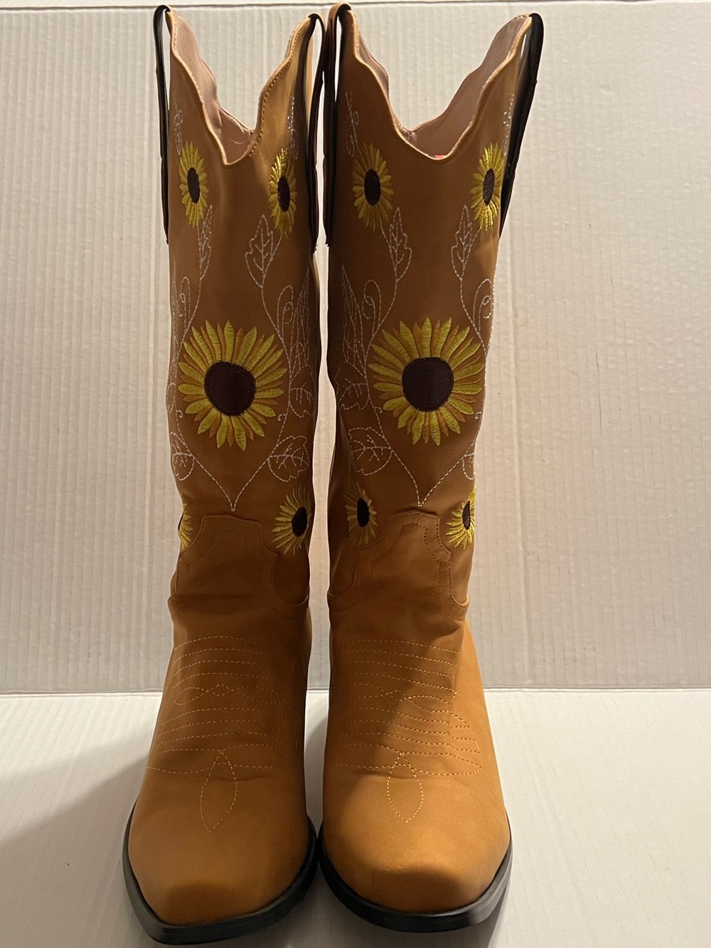 Heelchic Honey Faux Suede Cowgirl Boots with Embroidered Sunflowers 🌻
